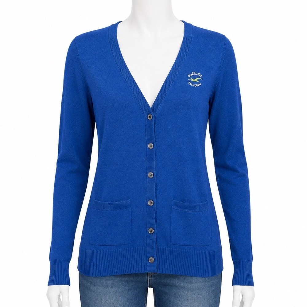 Hollister Royal Blue Button Front Cardigan Sweater Womens M V Neck Lightweight